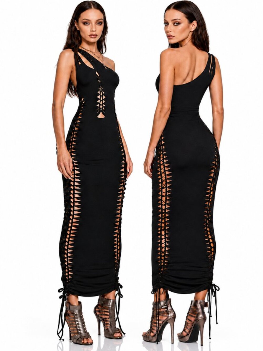 💥KILLER DRESS!💥One Shoulder Cut Out Laced Up Maxi Dress in Black